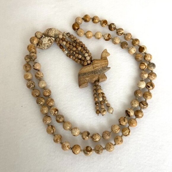 Beaded Long Hand Knotted Landscape Jasper Elephant Tassel Necklace 33" Infinity - Picture 8 of 16